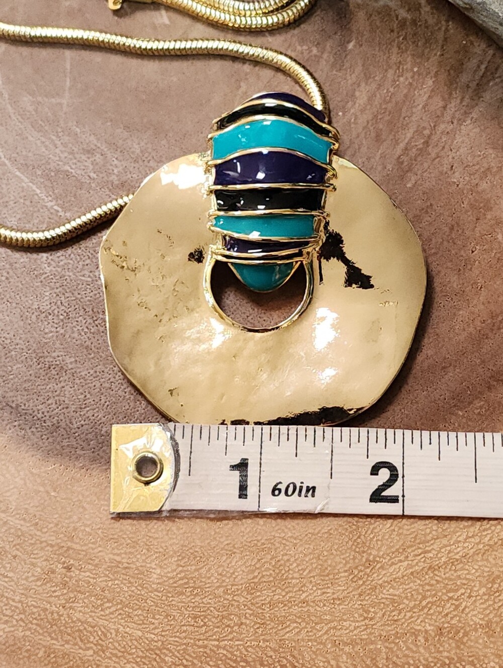Gold Toned Snake Chain Necklace with Teal, Blue & Black Enamel Pendant - Picture 8 of 9